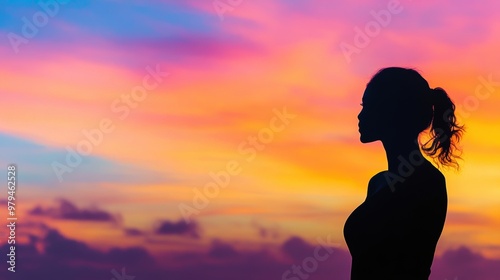 A silhouette of a woman standing tall in front of a sunrise with a soft outline of the breast in the sky as a symbol of new beginnings