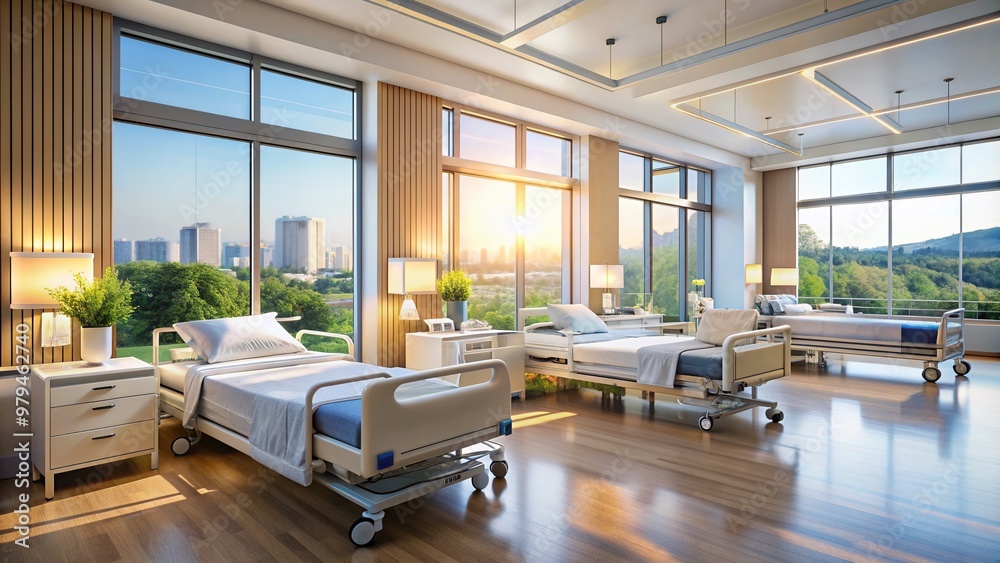 Modern hospital interior with rows of comfortable beds, advanced medical equipment, and large windows allowing natural light to pour in for a calming atmosphere. Modern hospital interior with rows of comfortable beds, advanced medical equipment, and large windows allowing natural light to pour in for a calming atmosphere.