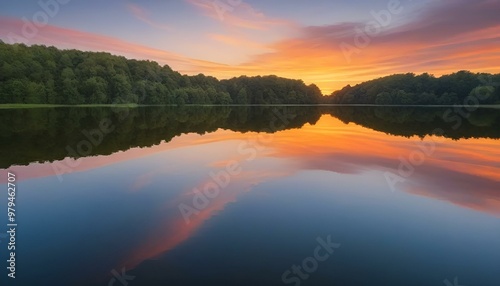 Serene lake at sunset reflecting colorful sky and trees

