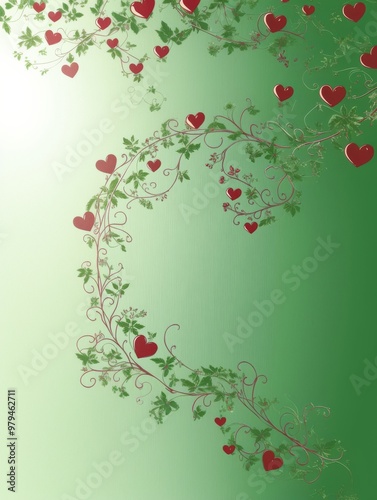 Heart and flora line shape, valentine element on green backfround. Have emthy space for overlaying text photo