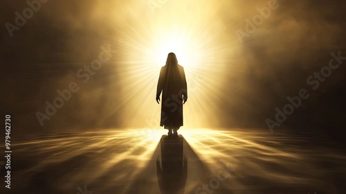 A powerful silhouette of Jesus standing in the rays of light, symbolizing His resurrection and victory over death.