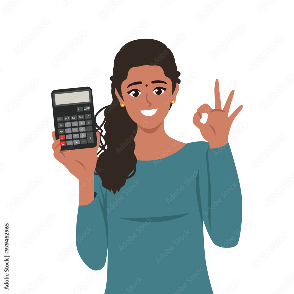 Woman holding a calculator in the hands. Flat vector Character illustration Woman holding a calculator in the hands. Flat vector Character illustration