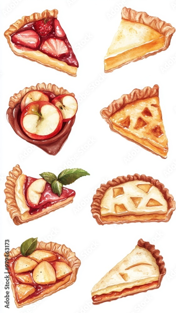 Watercolor set of apple pies and blueberries tarts,traditional pastries and delicious pie,hand painted triangular slice,thanksgiving,autumn season,Hand-drawn vector illustration,menu pattern. Watercolor set of apple pies and blueberries tarts,traditional pastries and delicious pie,hand painted triangular slice,thanksgiving,autumn season,Hand-drawn vector illustration,menu pattern.