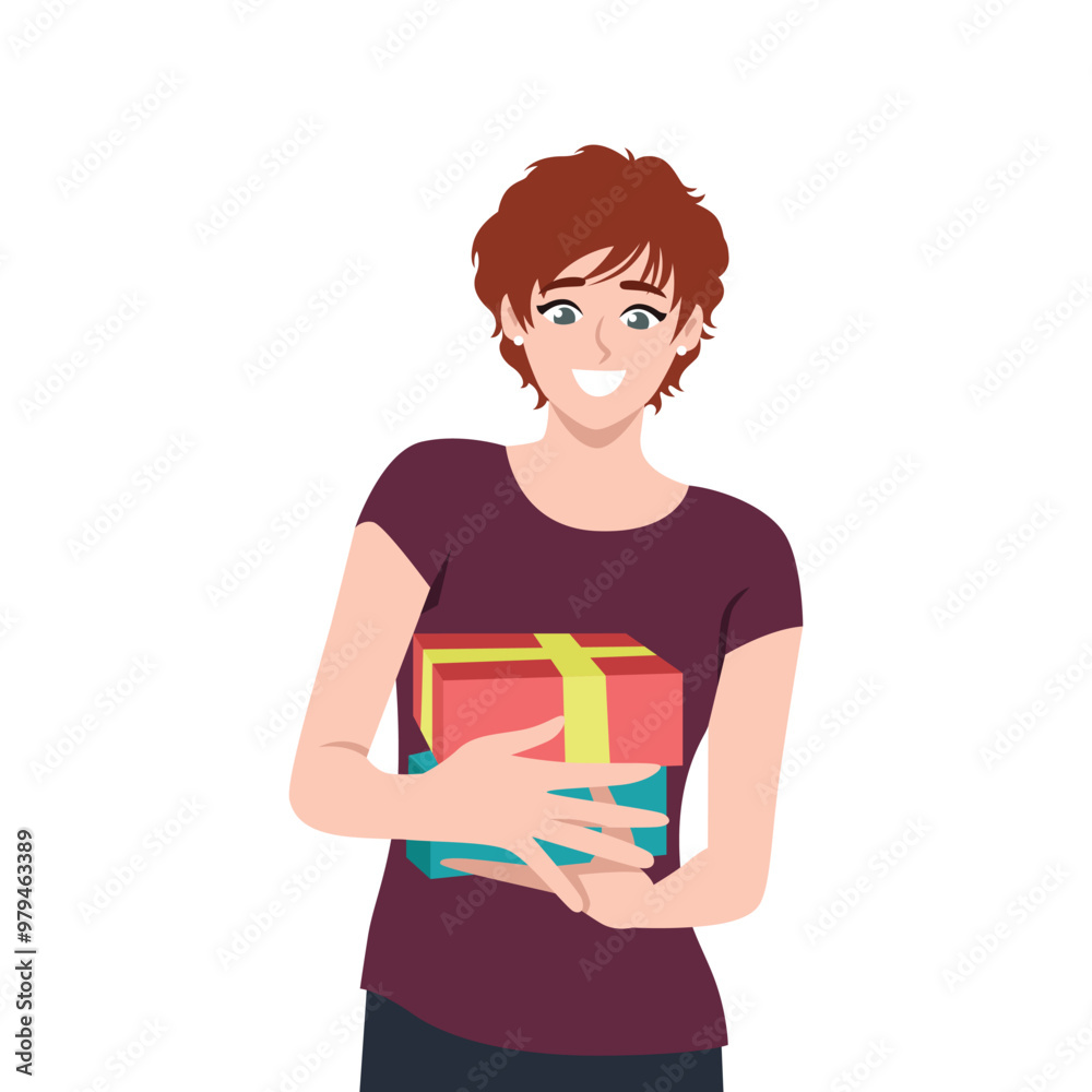 Young happy beautiful woman holding big ribbon bow wrapped gift box in her arms. Flat vector Character illustration Young happy beautiful woman holding big ribbon bow wrapped gift box in her arms. Flat vector Character illustration