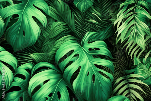 Fresh and Exotic Tropical Leaves Pattern for a Natural Background photo