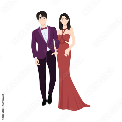 Young asian couple wearing formal suit and dress. Flat vector Character illustration
