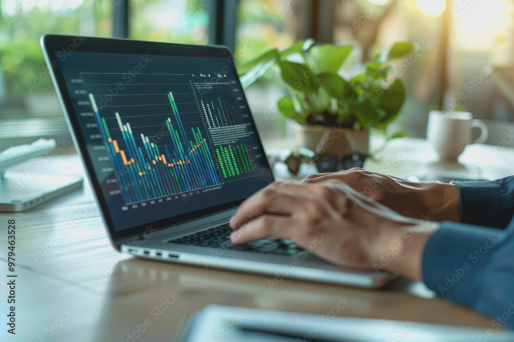 Businessman analyzing business diagrams, marketing statistics, and finance market graphs on a laptop Businessman analyzing business diagrams, marketing statistics, and finance market graphs on a laptop