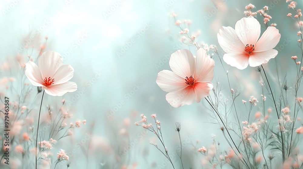 Delicate white flowers bloom in a soft, ethereal field. Delicate white flowers bloom in a soft, ethereal field.