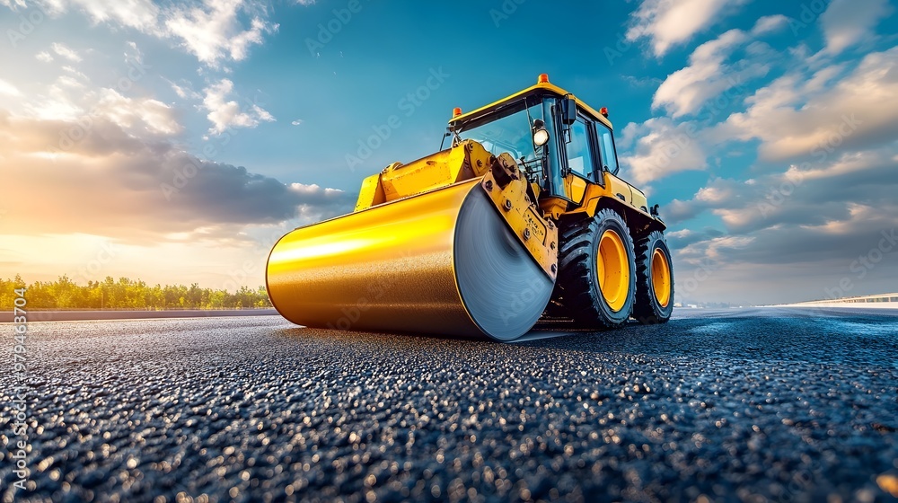 Yellow Bulldozer Working on Paved Road at Sunset Yellow Bulldozer Working on Paved Road at Sunset