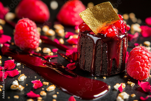 Dark Chocolate Lava Cake with Gold Leaf and Raspberry Coulis photo