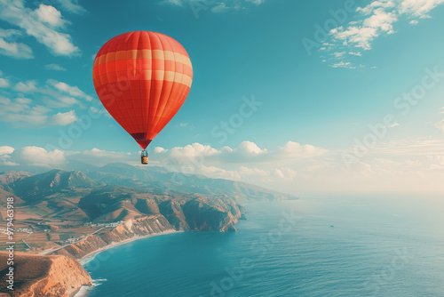 Colorful hot air balloons Floating high in the clear blue sky, the scenery is beautiful and bright.