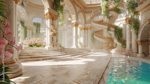 Marble white stairs with flower garlands, fantasy palace or heaven stone stair with floral decorations, fairytale princess castle interior, AI generated image