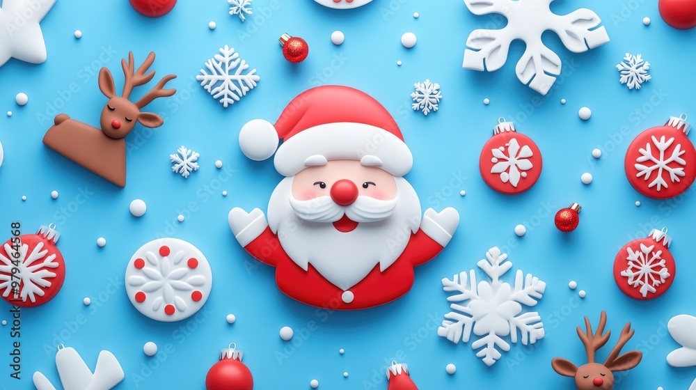A cute 3D Christmas pattern with Santa, reindeer, and snowflakes, creating a fun and festive holiday design. A cute 3D Christmas pattern with Santa, reindeer, and snowflakes, creating a fun and festive holiday design.