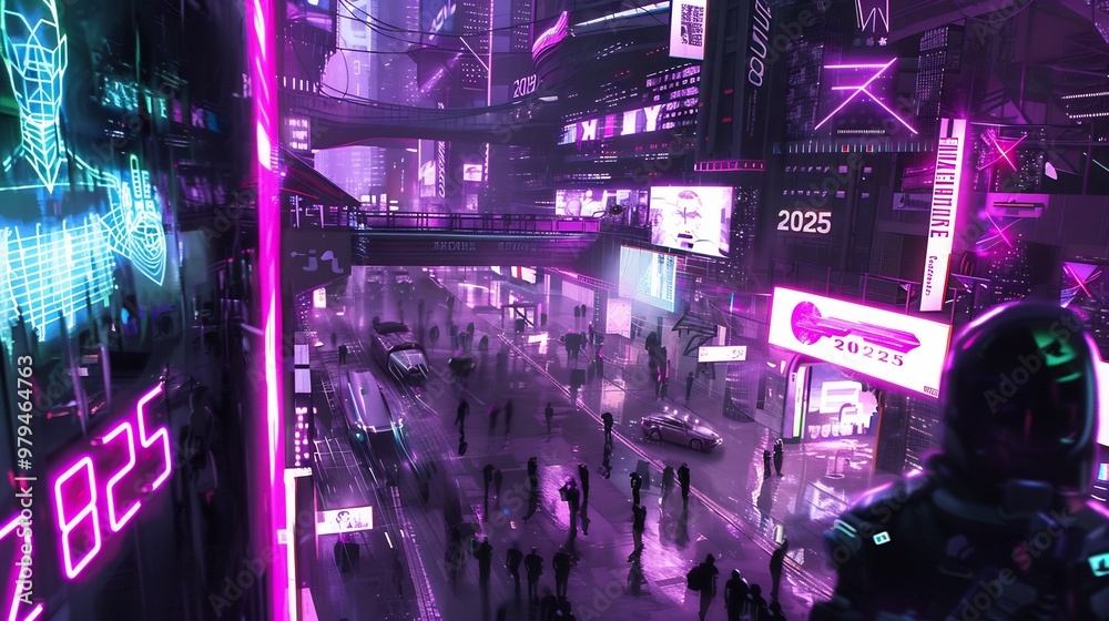 Futuristic Cityscape with Neon Lights and Crowds Futuristic Cityscape with Neon Lights and Crowds