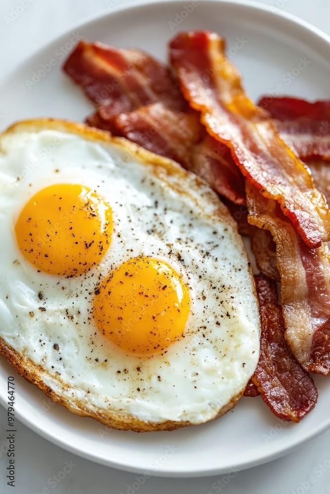 Breakfast plate with eggs and bacon on white background, traditional style, clean composition Breakfast plate with eggs and bacon on white background, traditional style, clean composition