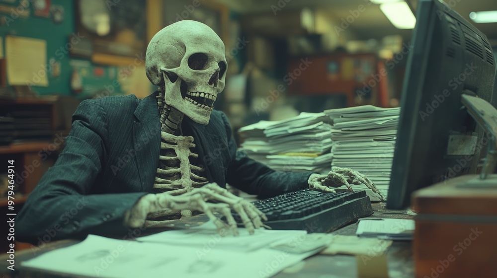 A skeleton in suit in an office behind a pile of papers and a computer, a funny humorous illustration on Halloween theme or overtime in the office, a dead man at his workplace, AI generated image A skeleton in suit in an office behind a pile of papers and a computer, a funny humorous illustration on Halloween theme or overtime in the office, a dead man at his workplace, AI generated image