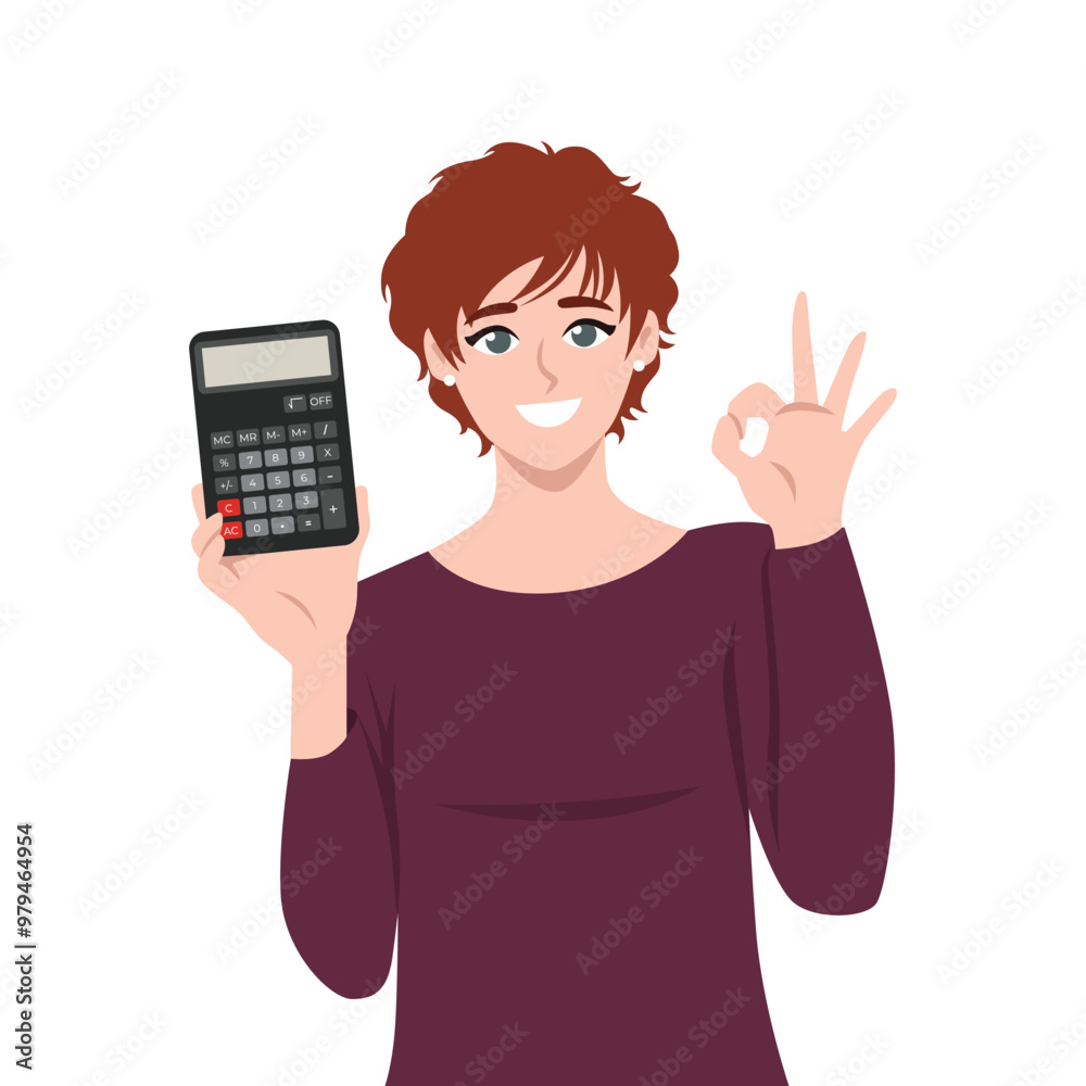 Young woman holding a calculator in the hands. Flat vector Character illustration Young woman holding a calculator in the hands. Flat vector Character illustration