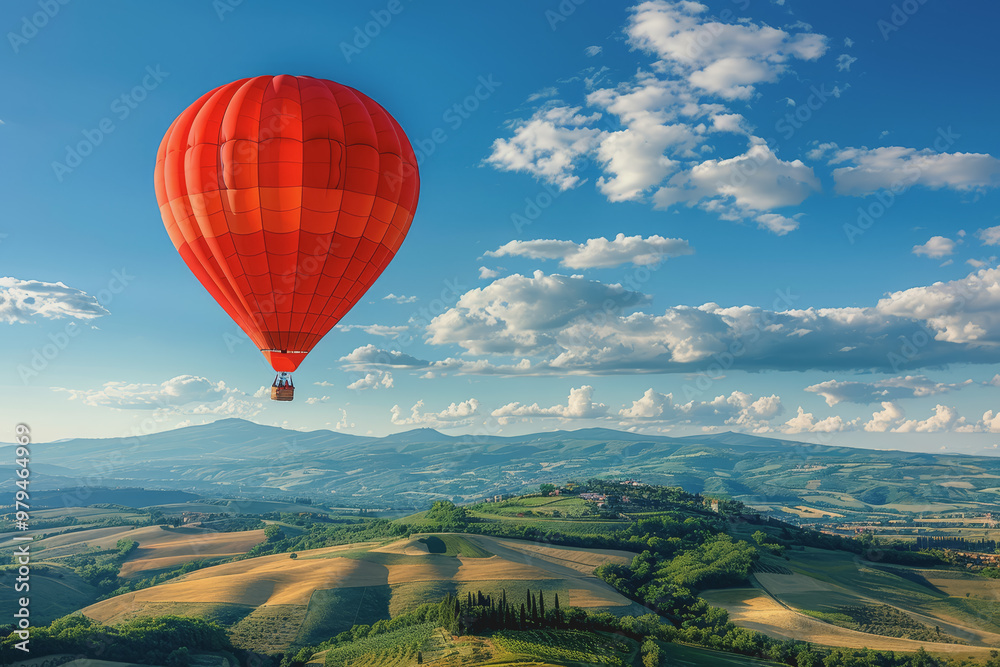 Fototapeta premium Colorful hot air balloons Floating high in the clear blue sky, the scenery is beautiful and bright.