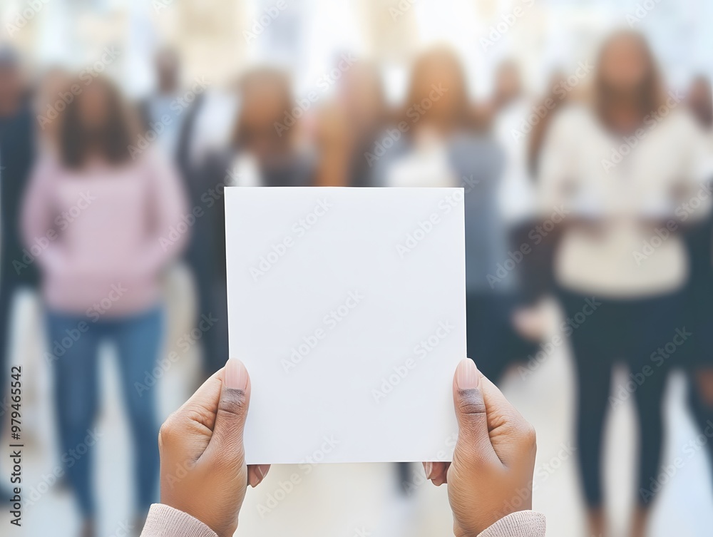 Blank White Card Mockup Hand Holding in Blurred Crowd Blank White Card Mockup Hand Holding in Blurred Crowd