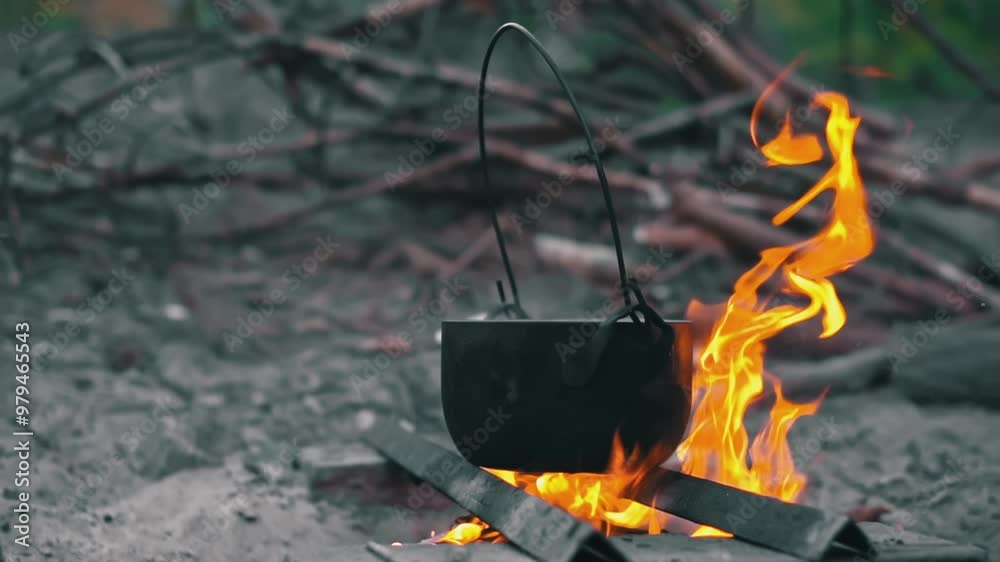 Black kettle hanging over a fire, flames rising up, logs and smoke create a cozy atmosphere. Black kettle hanging over a fire, flames rising up, logs and smoke create a cozy atmosphere.
