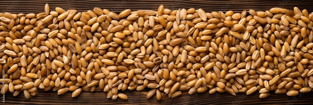 Wheat grains scattered on a wooden surface, showcasing natural textures and colors