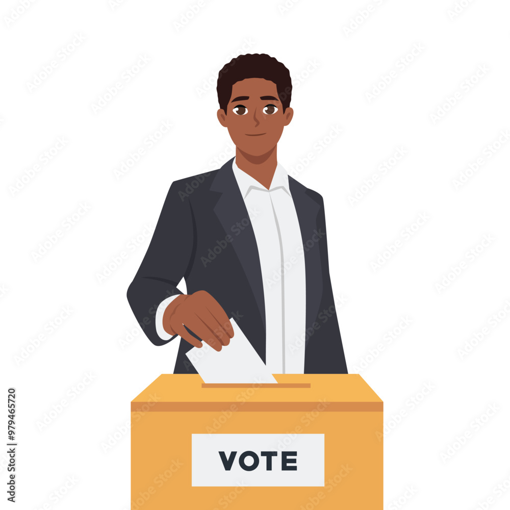 Young man Putting Vote Paper into Election Box. Flat vector Character illustration Young man Putting Vote Paper into Election Box. Flat vector Character illustration