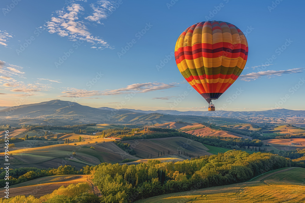 Fototapeta premium Colorful hot air balloons Floating high in the clear blue sky, the scenery is beautiful and bright.