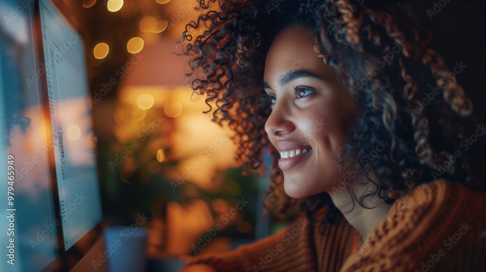 A smiling woman engaged in a video call, illuminated by warm lights in a comfortable setting, creating an inviting atmosphere A smiling woman engaged in a video call, illuminated by warm lights in a comfortable setting, creating an inviting atmosphere