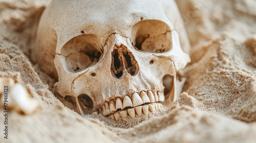 A skull half buried in sand, showcasing time worn bone details, evokes sense of mystery and passage of time. intricate features of skull are highlighted against sandy backdrop photo