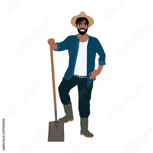 Young farmer holding shovel in hand. Flat vector Character illustration