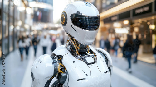 Wallpaper Mural A robotic police officer patrolling streets, showcasing advanced technology and design. This futuristic figure stands in bustling urban environment, reflecting innovation and security Torontodigital.ca