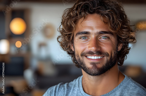 “Handsome Man with Curly Hair Smiling at the Camera, Radiating Confidence and Charm, Perfect for Portraying Friendly, Attractive, and Engaging Personalities in Portrait Photography” 