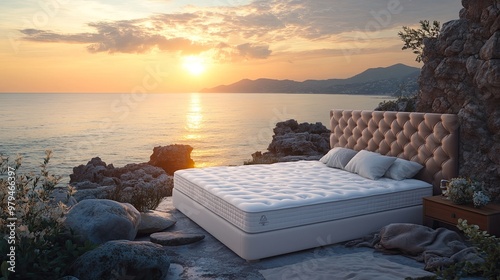 A white mattress on the bed with an elegant natural leather headboard, surrounded by rocks and the sea in the background at sunset.