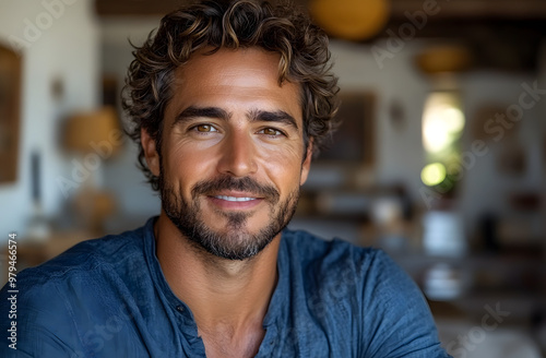 “Handsome Man with Curly Hair Smiling at the Camera, Radiating Confidence and Charm, Perfect for Portraying Friendly, Attractive, and Engaging Personalities in Portrait Photography” 