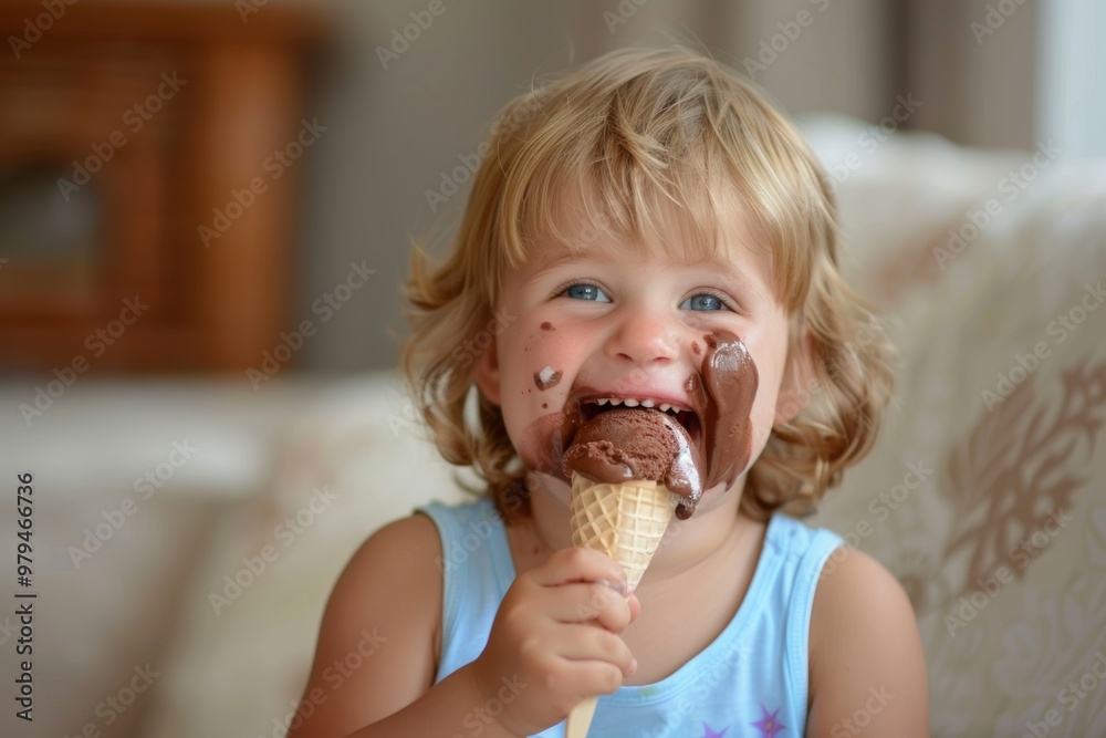 A child experiences bliss with an ice cream cone. Portrait of carefree blond child embracing nature beauty. Emphasizes sheer joy and excitement found simple outdoor play. A child experiences bliss with an ice cream cone. Portrait of carefree blond child embracing nature beauty. Emphasizes sheer joy and excitement found simple outdoor play.