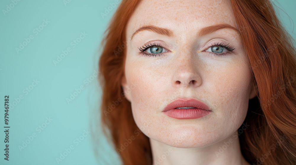 Beautiful redhead woman with freckles looking at camera on blue background Beautiful redhead woman with freckles looking at camera on blue background