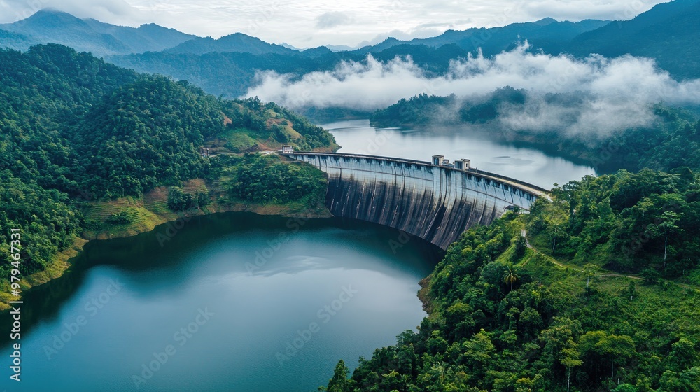 Fototapeta premium Serene aerial view of a massive concrete dam stretching across a tranquil lake, surrounded by lush green forests and misty mountains in a peaceful landscape