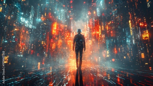 AI standing in a futuristic cityscape surrounded by digital streams of data, representing AI's growing role in society today. The conceptual 3D artwork captures a sense of hope