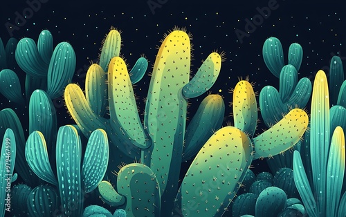 Vibrant Cartoon Cacti Illustration in Green and Yellow on Dark Background - Detailed Vector Art photo