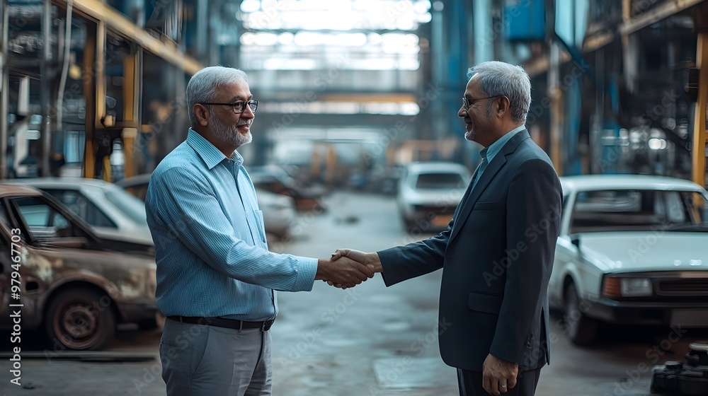 Two Business Executives Shaking Hands in Industrial Warehouse Sealing a Corporate Deal Two Business Executives Shaking Hands in Industrial Warehouse Sealing a Corporate Deal