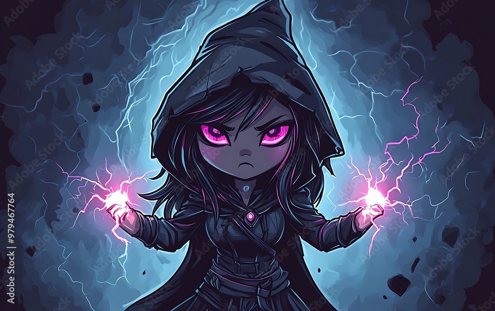 Enchanting Chibi Dark Fantasy Sorceress with Glowing Pink Eyes Conjuring Lightning in Storm - T-shirt Design Enchanting Chibi Dark Fantasy Sorceress with Glowing Pink Eyes Conjuring Lightning in Storm - T-shirt Design