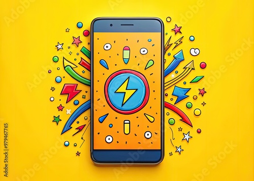 bold, colorful smartphone with playful, hand-drawn charge icon, capturing fun and spontaneity in a lively, whimsical atmosphere photo