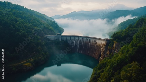 Aerial view of a large dam spanning a tranquil lake, surrounded by lush greenery and misty mountains, in a peaceful and scenic landscape