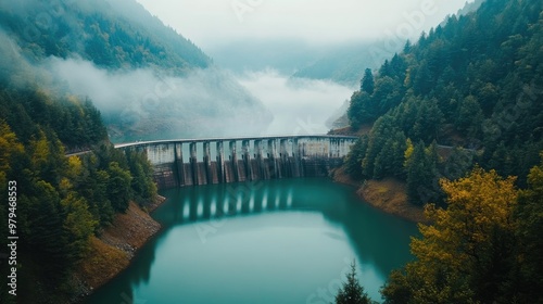 Beautiful aerial shot of a concrete dam spanning a serene lake, surrounded by dense forests and misty mountains in a peaceful, natural environment