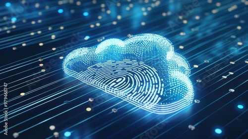 A digital cloud with a fingerprint pattern, symbolizing data protection and secure cloud computing technology. photo