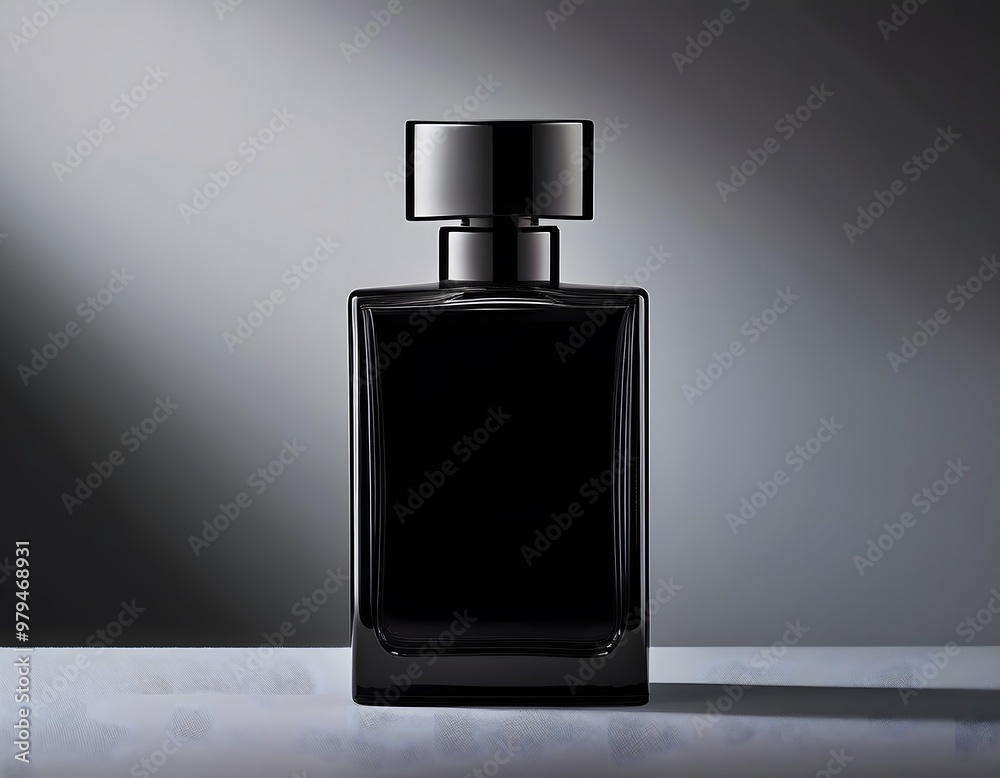 Close-up of a minimalist and elegant black perfume bottle. Grey background.