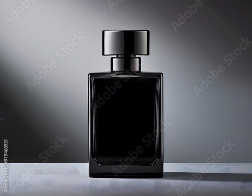 Close-up of a minimalist and elegant black perfume bottle. Grey background.