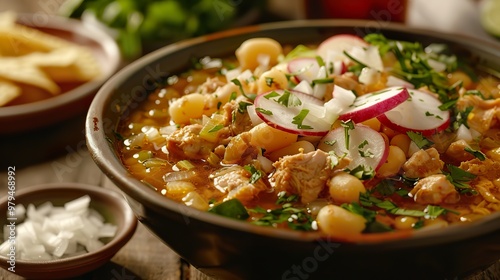 Hearty chicken posole stew with hominy, cabbage, and radish.