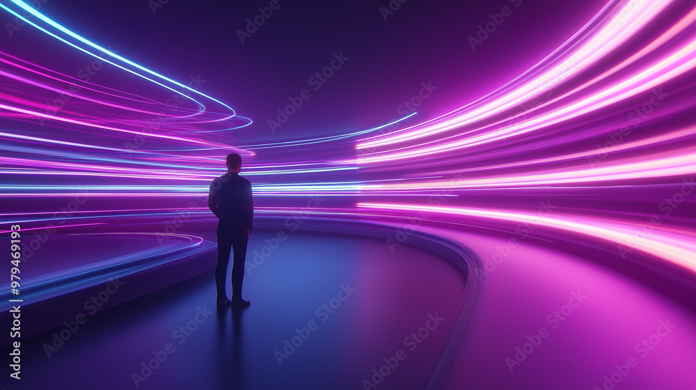 Businessman standing looking at glowing lines of light abstract background Businessman standing looking at glowing lines of light abstract background