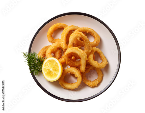 Zenith view of a plate with fried squid rings and a slice of lemon. Transparent bottom.